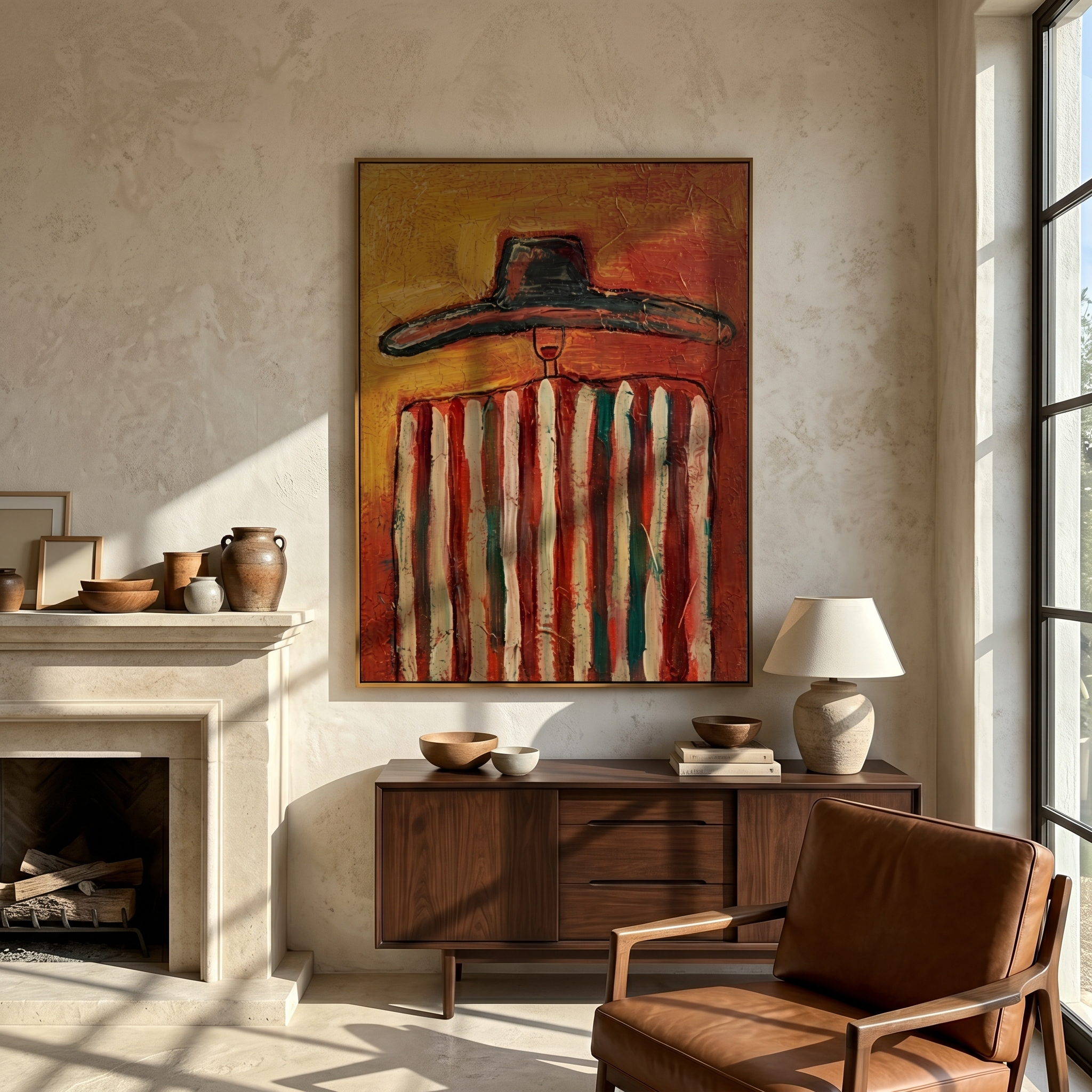 "Cowboy in Warm Stripes" – Stylized Impasto Western Artwork | Earthy Tones Textured Wall Decor | Contemporary Vertical Statement Piece #PE 521