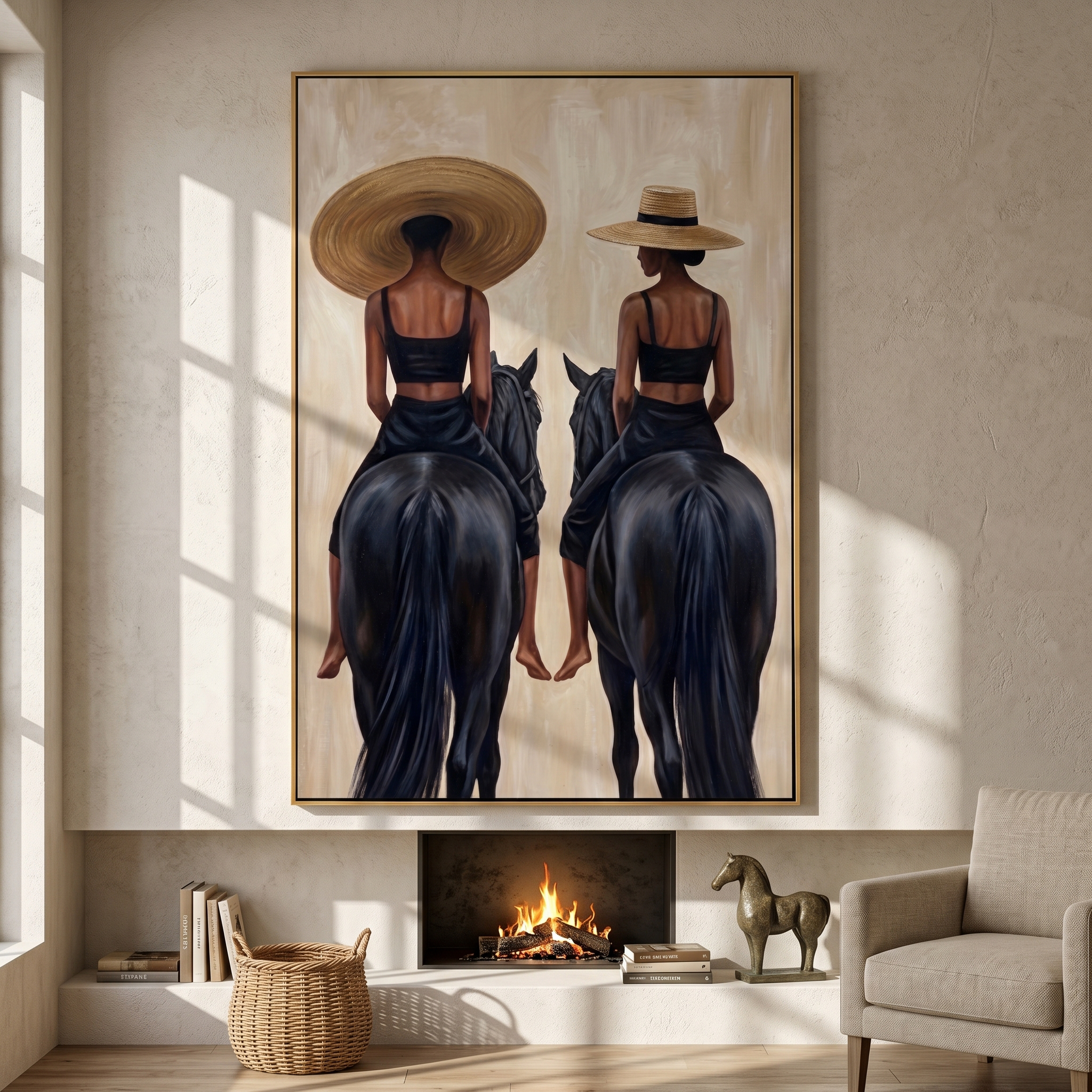 "Two Riders at Dawn" – Modern Heavy Impasto Figurative Art | 3D Raffia & Noir Palette Knife Painting | Luxury Vertical Wall Art #PT 556