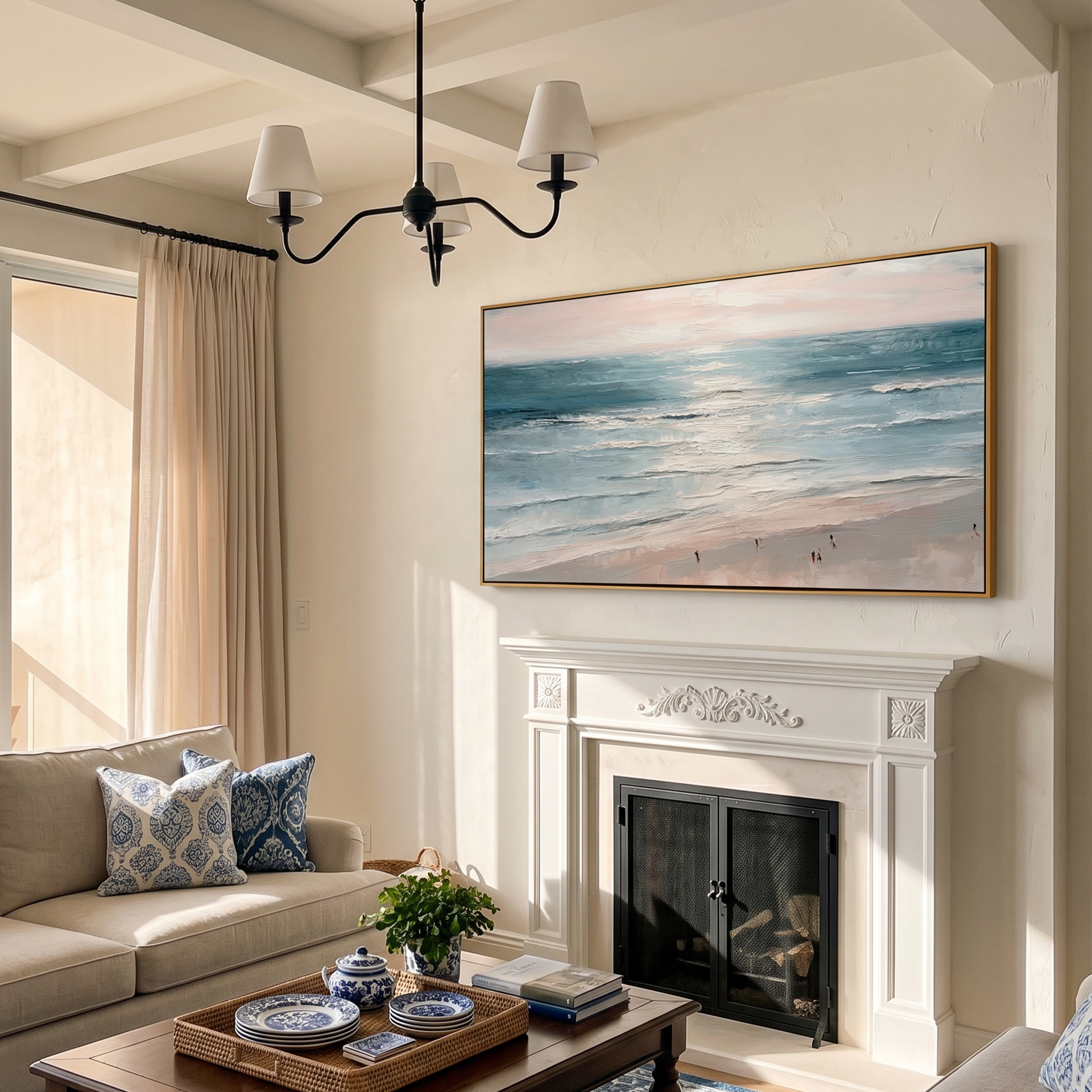 "The Infinite Blue" – Panoramic Healing Seascape Oil Painting | Modern Minimalist Coastal Living Room Art #BE066
