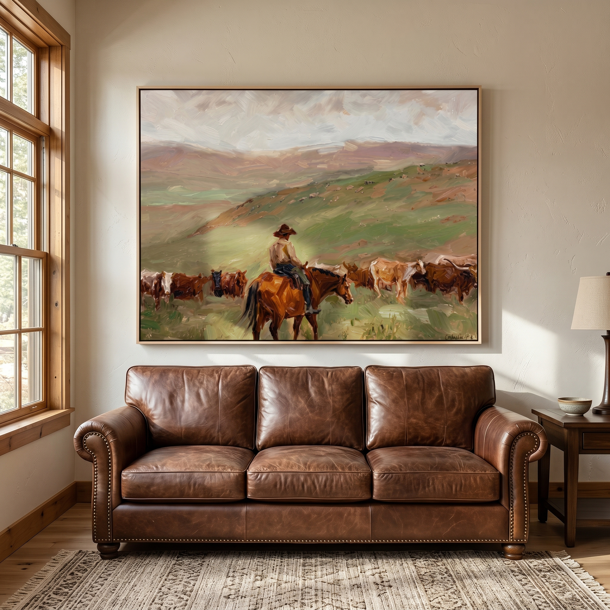 "Pasture Cattle Herder" – Modern Heavy Impasto Western Landscape Figurative | 3D Prairie Green & Rust Terracotta Palette Knife Painting | Luxury Horizontal Wall Art #PT 561