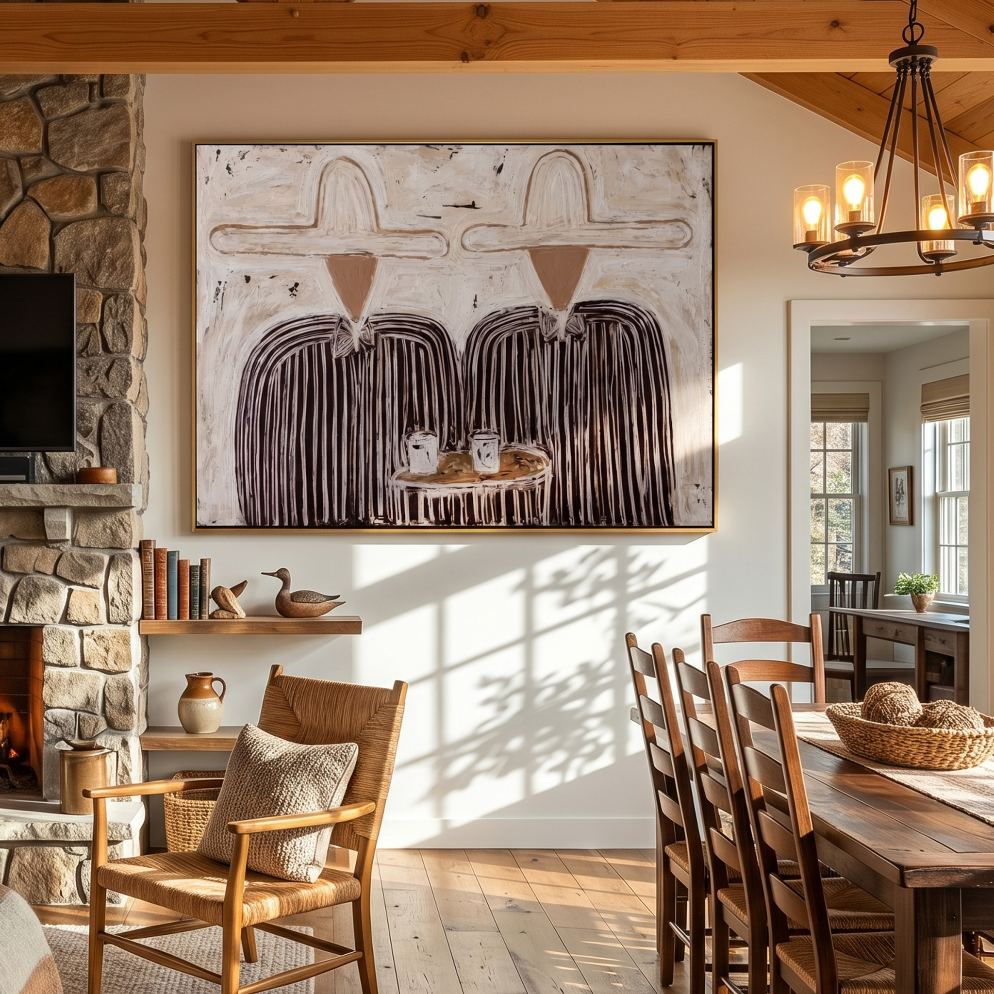 "Dual Cowboy Coffee Session" – Modern Heavy Impasto Minimal Western Figurative | 3D Off-White & Espresso Brown Palette Knife Painting | Luxury Horizontal Wall Art #PE 526