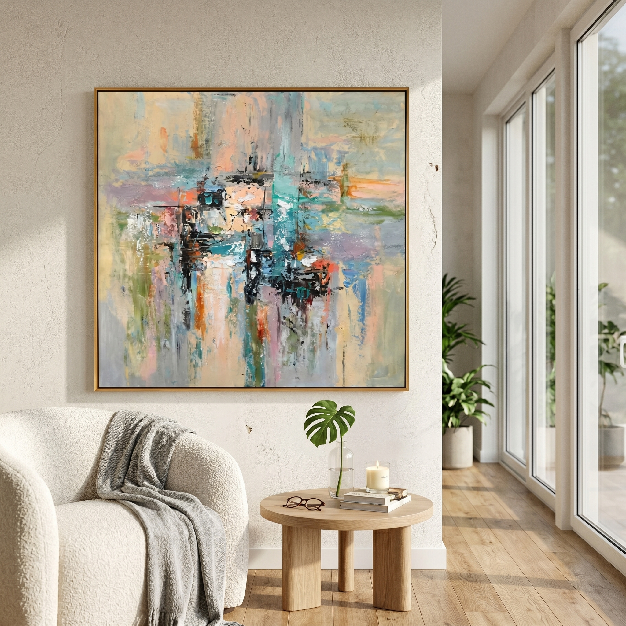 "Urban Reflection" – Modern Impressionist Waterfront Abstract | Serene Sage Green & Pastel Textured Gallery Art#AB1011