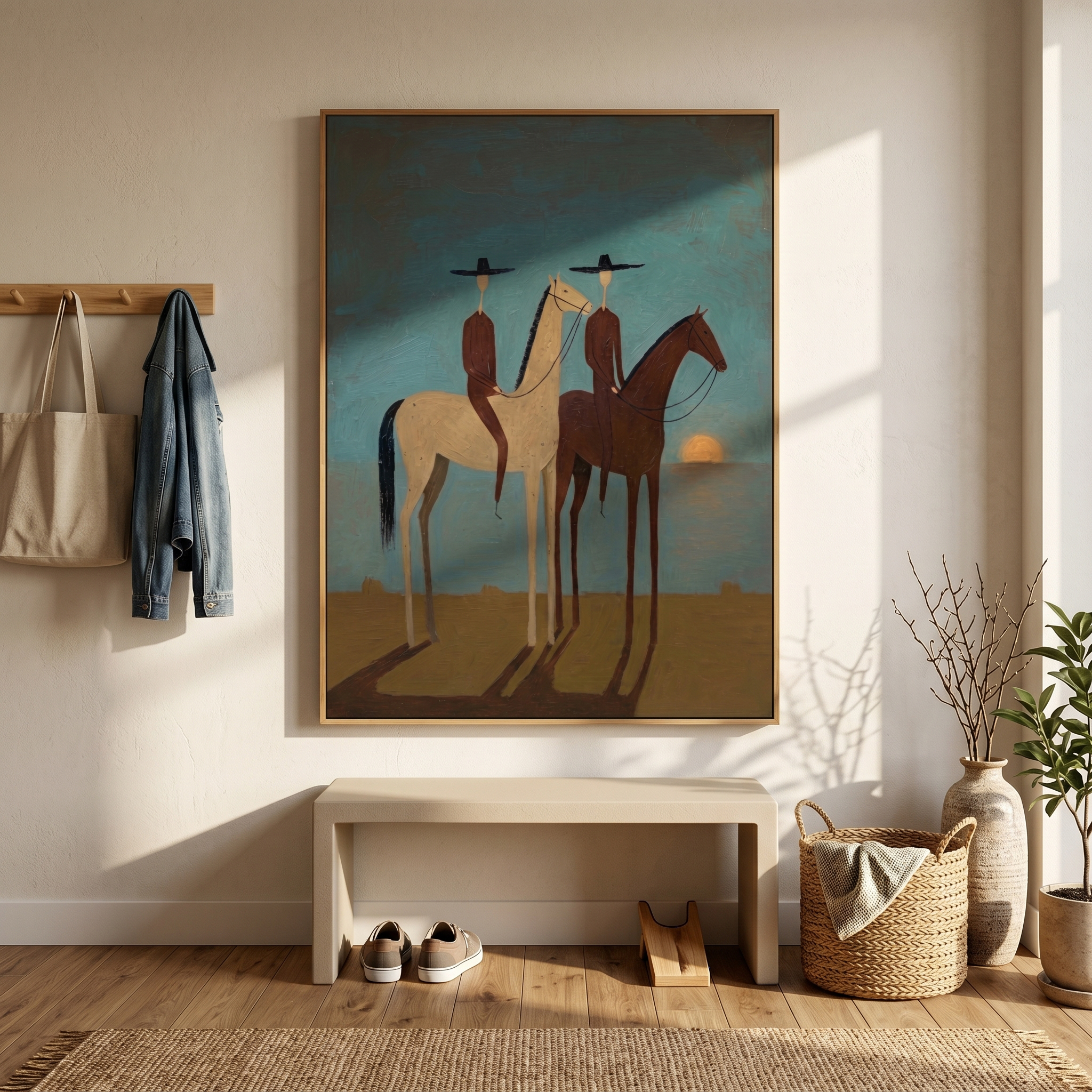 "Dusk Companions" – Modern Minimalist Impasto Western Art | 3D Teal & Sepia Palette Knife Painting | Luxury Vertical Wall Art #AB 503