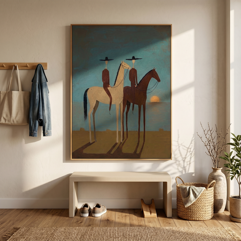 "Dusk Companions" – Modern Minimalist Impasto Western Art | 3D Teal & Sepia Palette Knife Painting | Luxury Vertical Wall Art #AB 503
