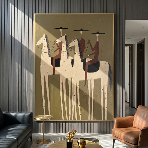 "Three Prairie Wanderers" – Modern Heavy Impasto Western Folk Figurative | 3D Dusty Olive & Warm Natural Palette Knife Painting | Luxury Vertical Wall Art #AB 515