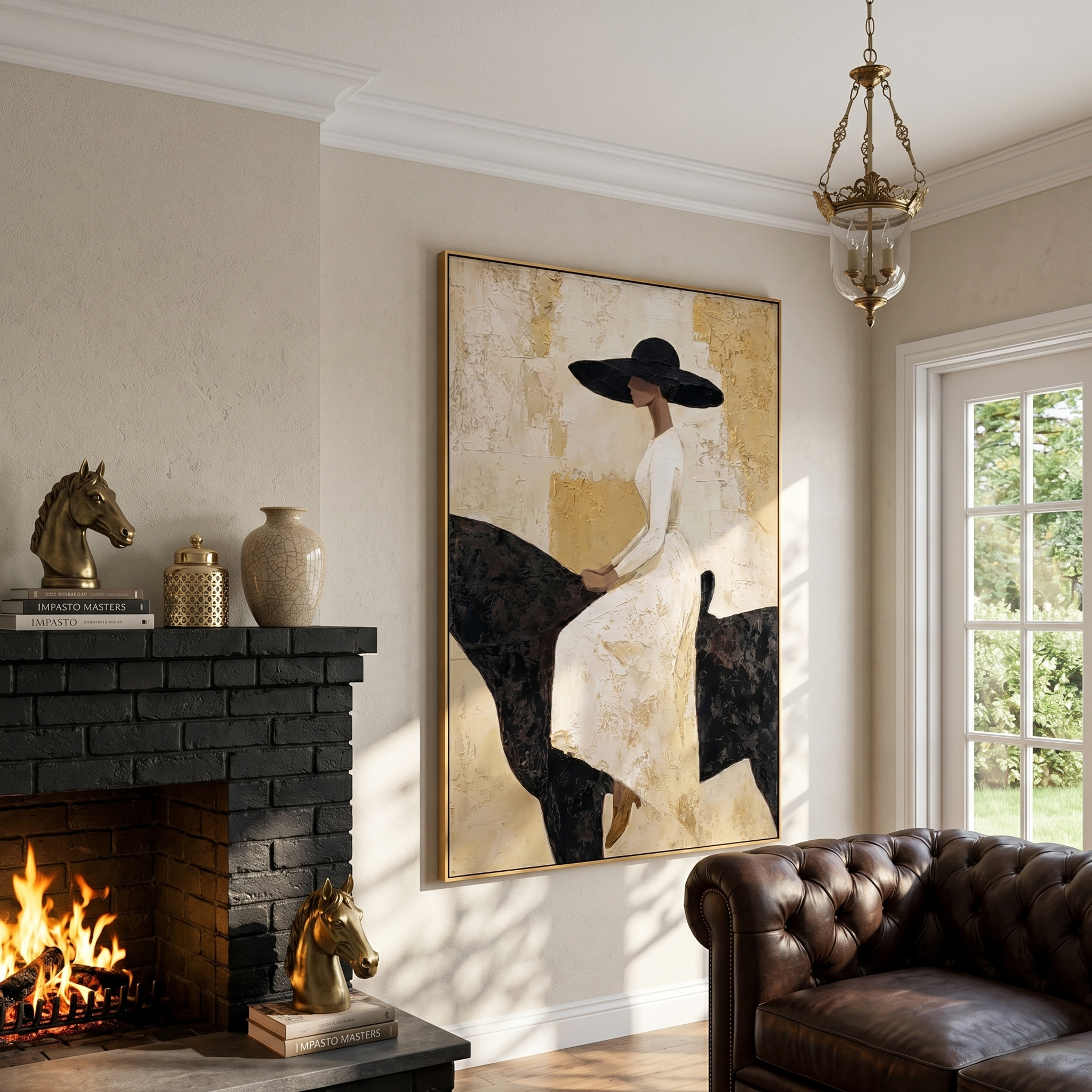 "Equestrian Elegance" – Modern Heavy Impasto Figurative Art | 3D Ivory & Gold Leaf Palette Knife Painting | Luxury Vertical Wall Art #PE 515