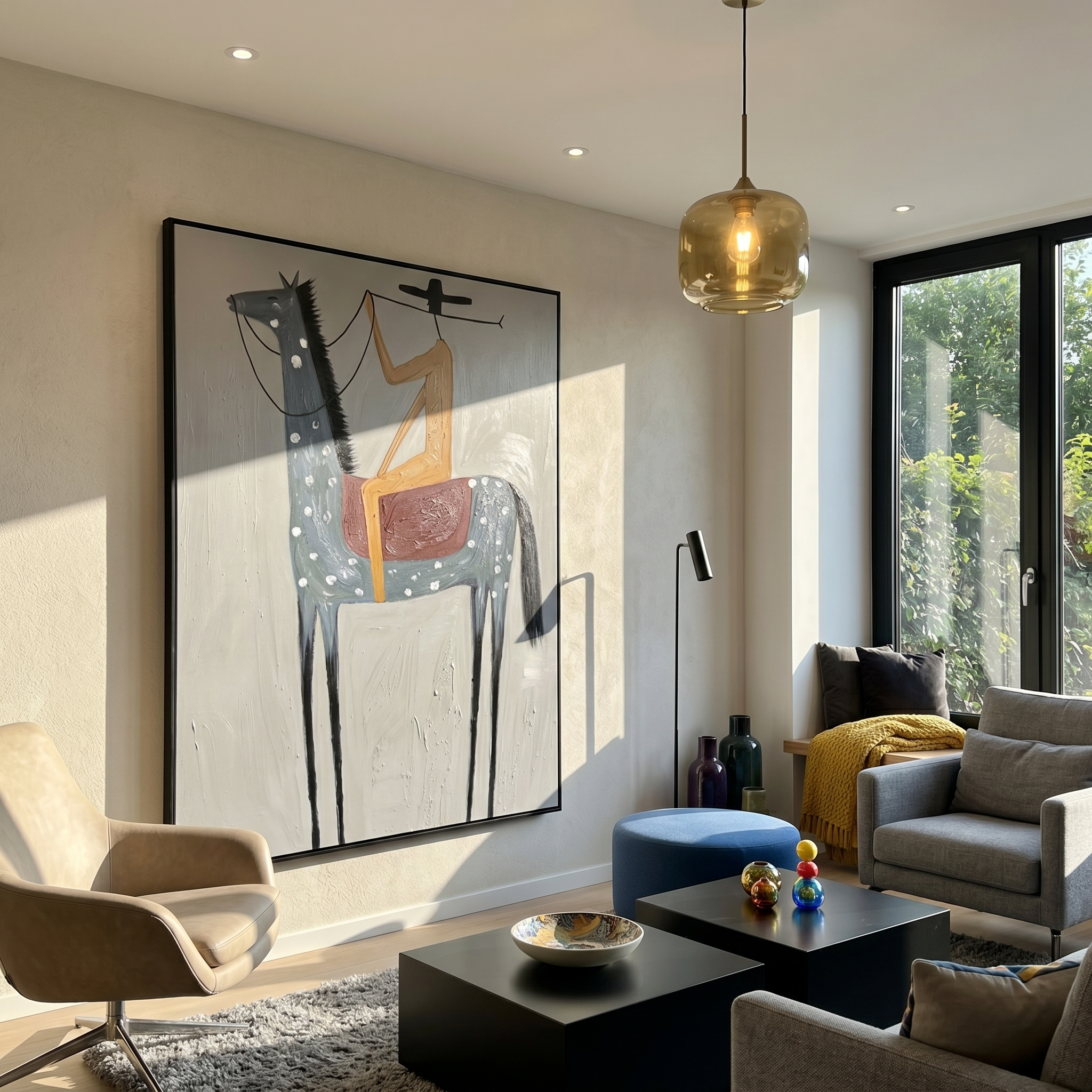 "Solitary Western Rider" – Modern Heavy Impasto Minimalist Figurative | 3D Slate Blue & Sand Ochre Palette Knife Painting | Luxury Vertical Wall Art #AB 504