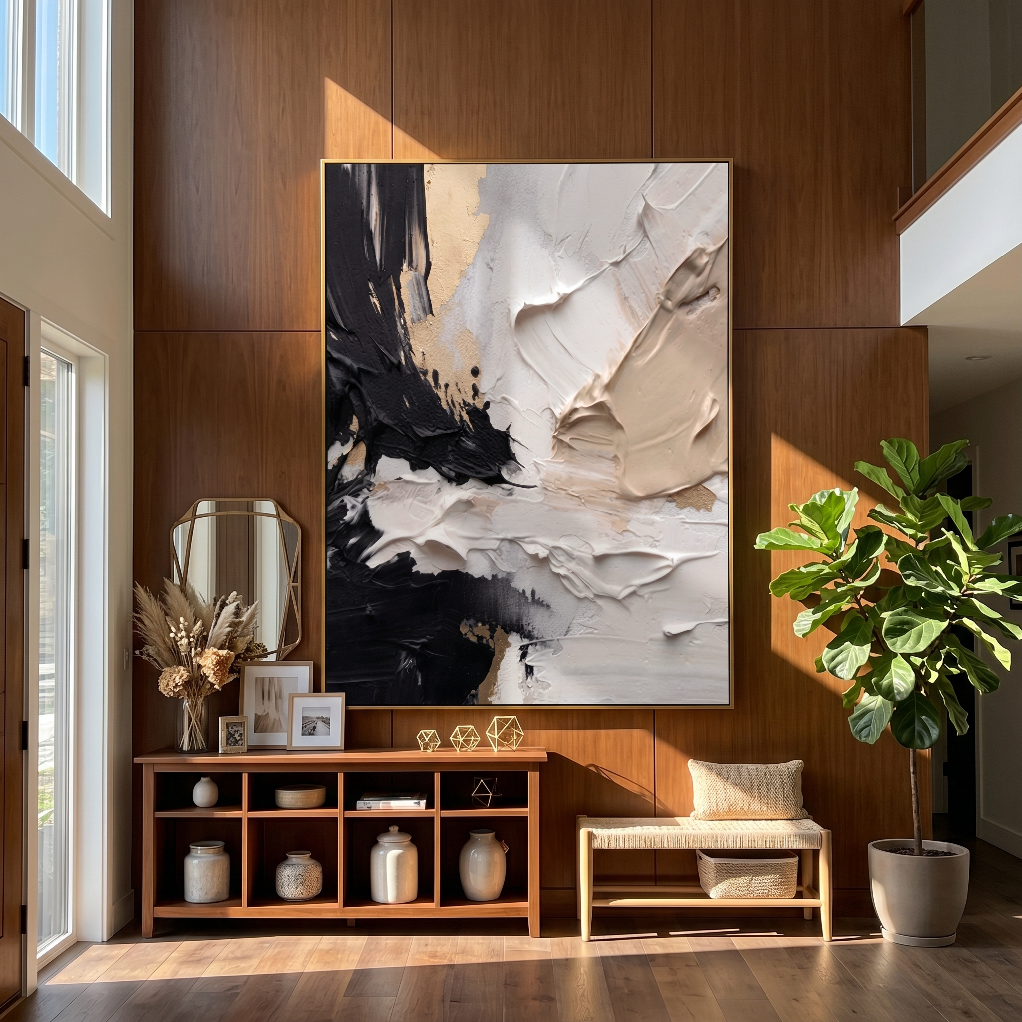 "Noir & Gold Fusion" – Modern Heavy Impasto Abstract | 3D Black, Beige & Gold Palette Knife Painting | Luxury Vertical Wall Art #PT 550