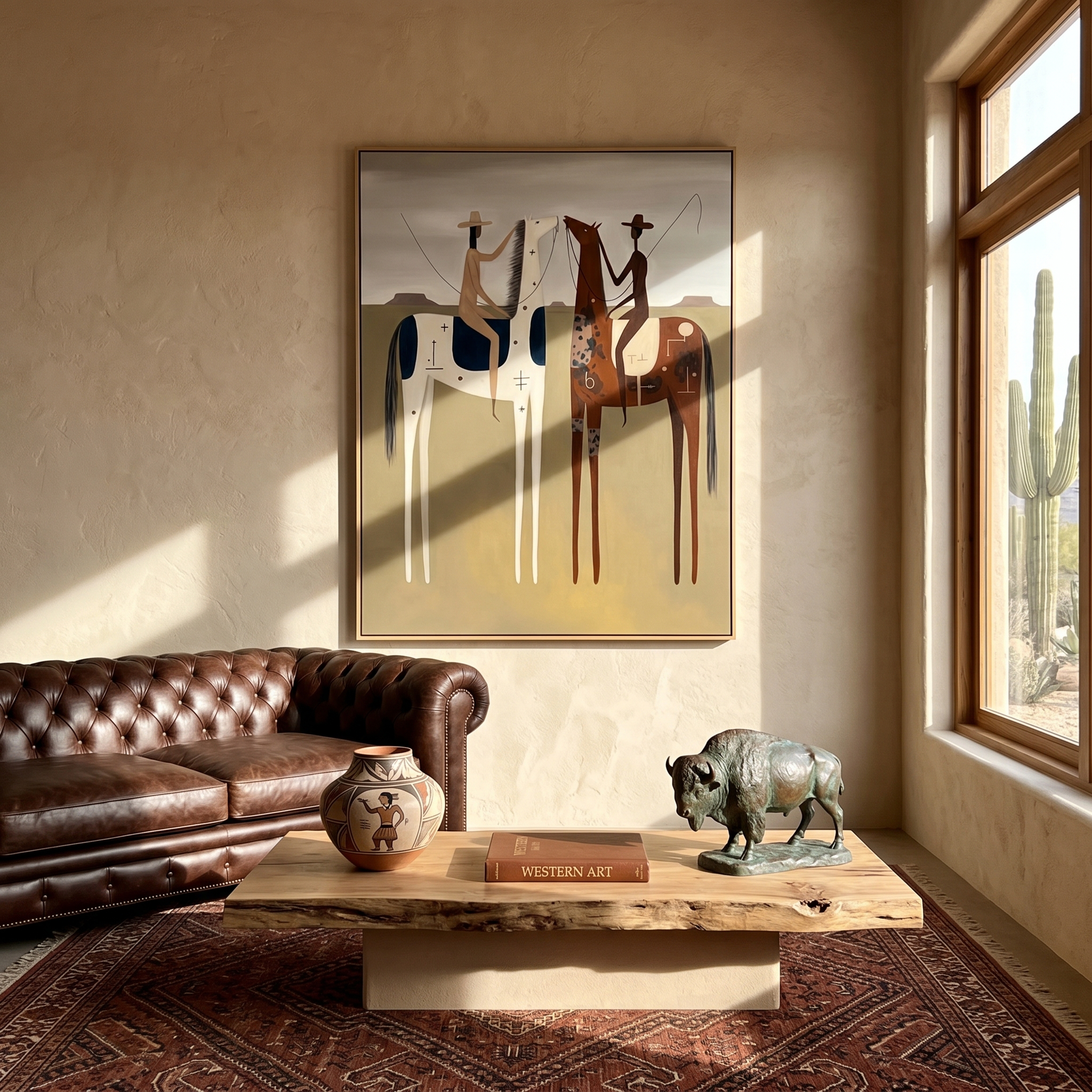 "Dual Frontier Riders" – Modern Heavy Impasto Western Figurative | 3D Clay Ochre & Navy Umber Palette Knife Painting | Luxury Vertical Wall Art #AB 506