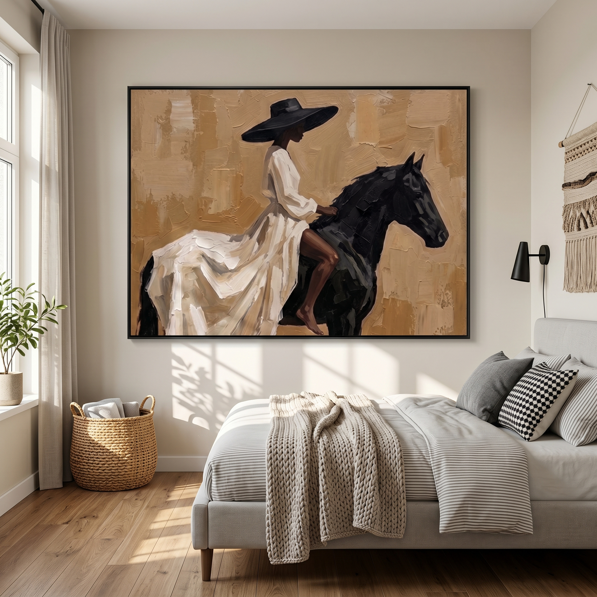 "Elegant Noir Equestrienne" – Modern Heavy Impasto Contemporary Figurative | 3D Warm Sand & Jet Black Palette Knife Painting | Luxury Horizontal Wall Art #PT 562