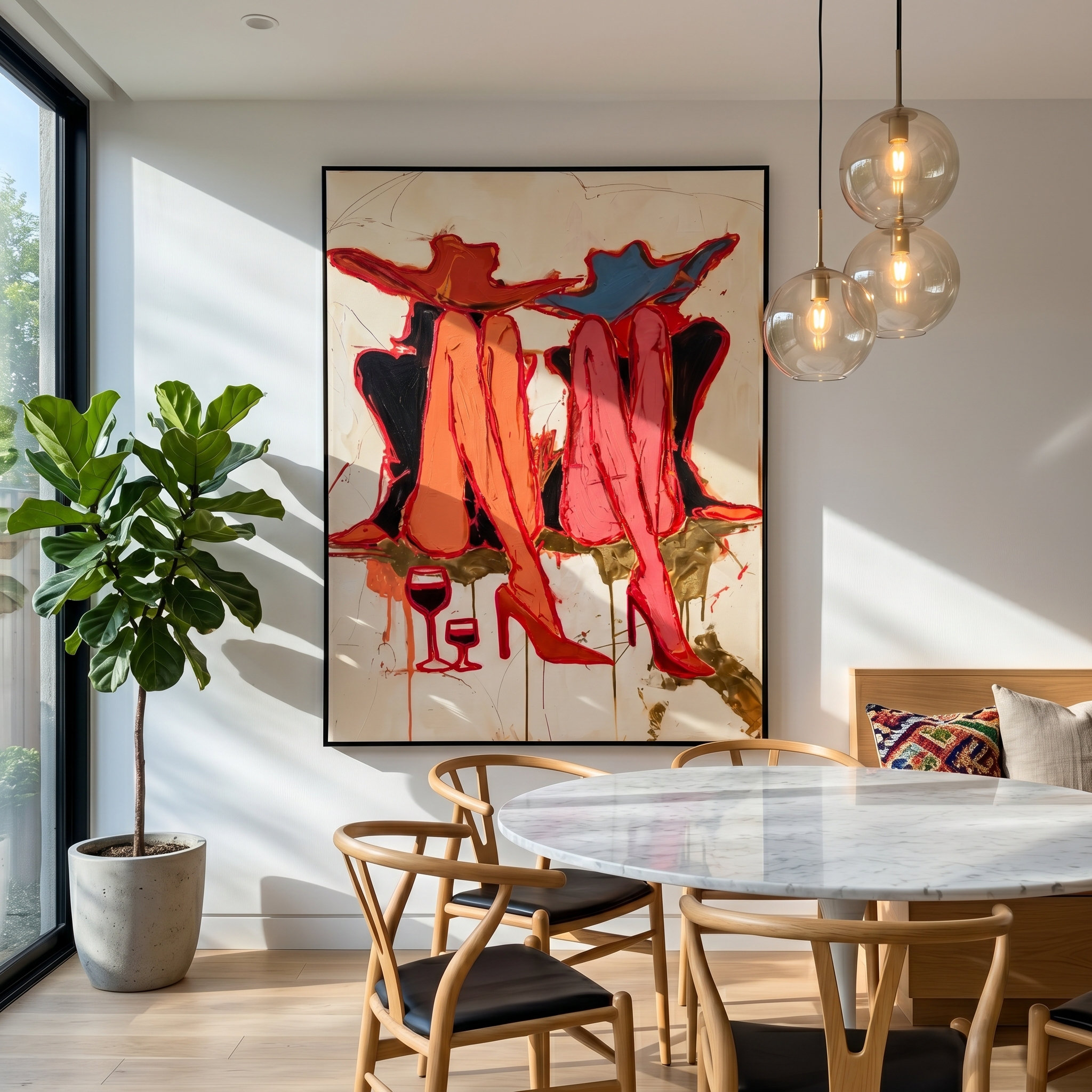 "Cowgirls’ Wine Hour" – Modern Heavy Impasto Abstract Figurative Art | 3D Crimson & Indigo Palette Knife Painting | Luxury Vertical Wall Art #PE 520