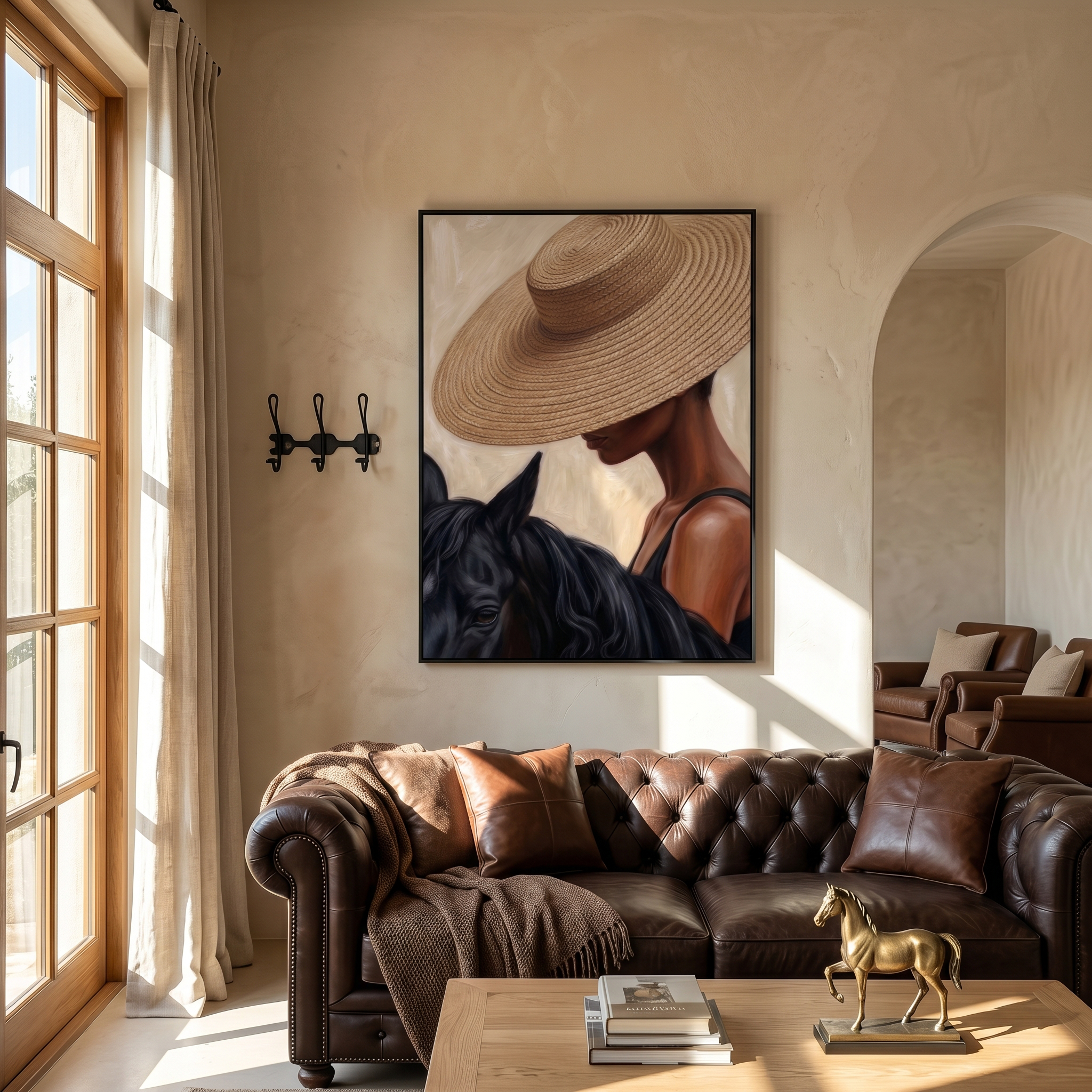 "Straw Hat & Steed" – Modern Heavy Impasto Figurative Art | 3D Natural Woven & Noir Palette Knife Painting | Luxury Vertical Wall Art #PE 516