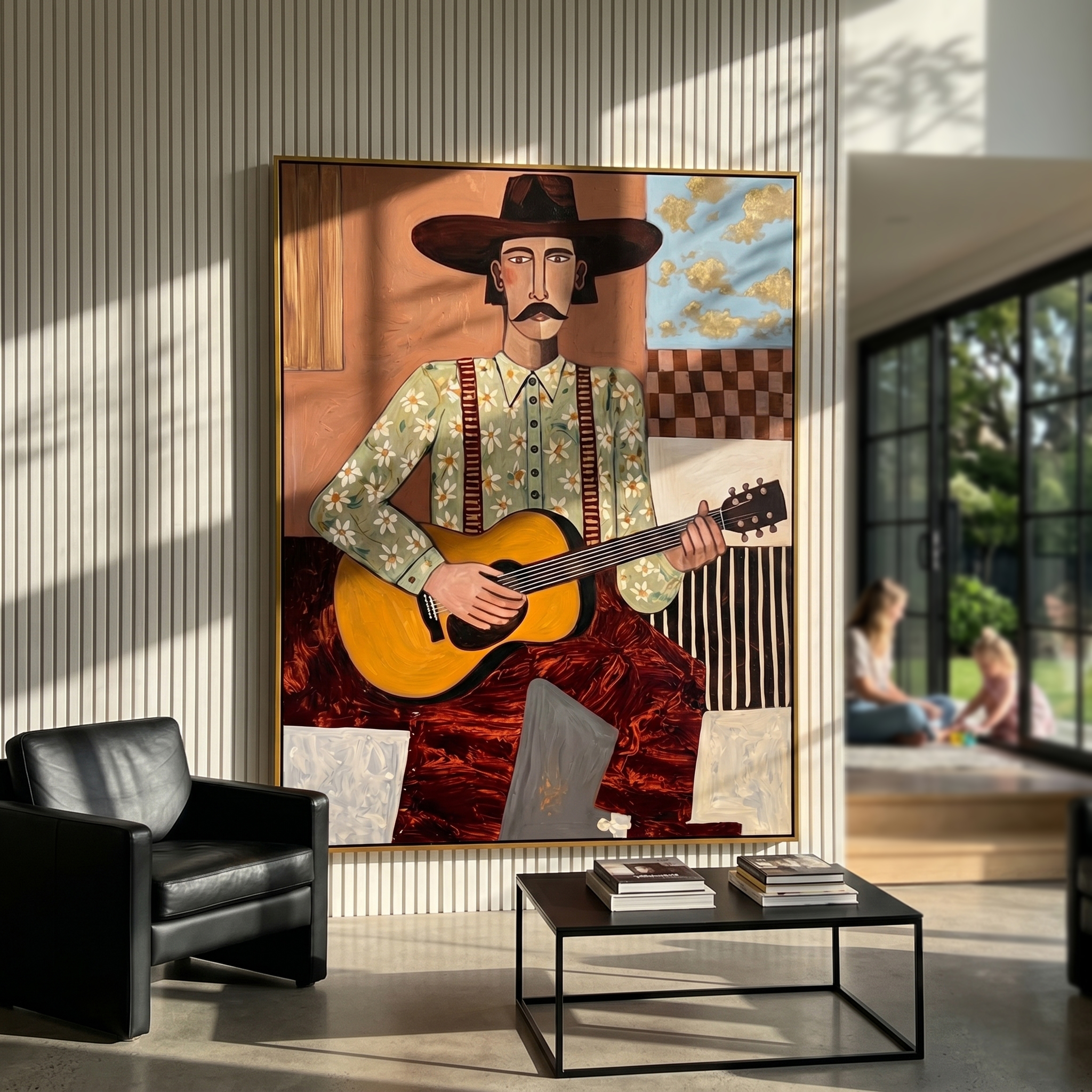 "The Western Guitarist" – Modern Folk Impasto Portrait | 3D Terracotta & Gold Palette Knife Painting | Luxury Vertical Wall Art #PE 506