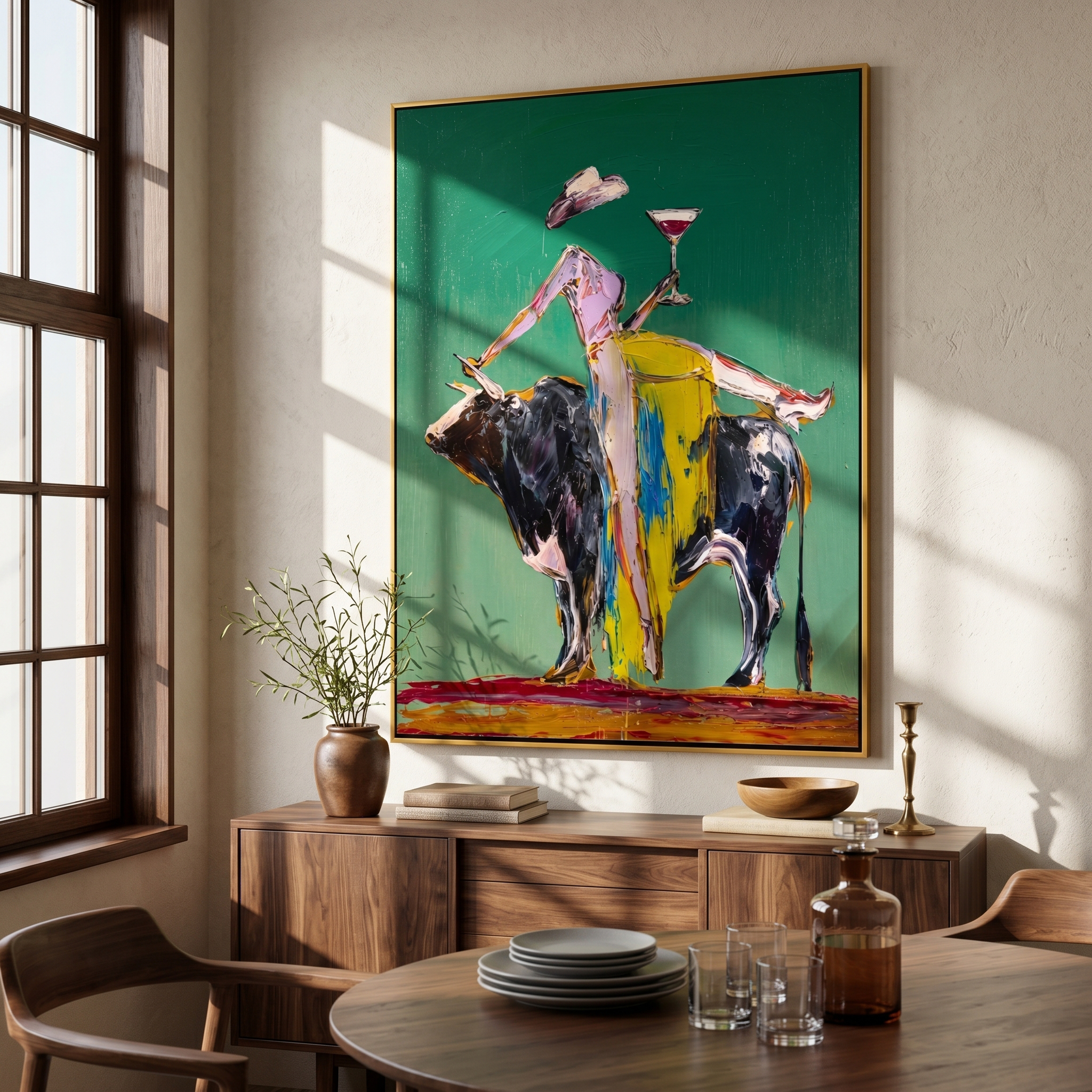 "Cocktail & The Bull" – Modern Heavy Impasto Abstract Figurative Art | 3D Emerald & Citrus Palette Knife Painting | Luxury Vertical Wall Art #AB 497