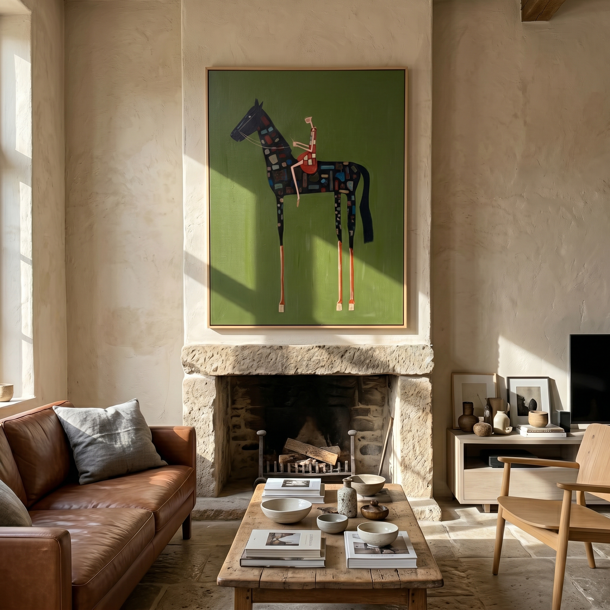 "Mosaic Patchwork Equestrian" – Modern Heavy Impasto Folk Figurative | 3D Moss Green & Multicolored Mosaic Palette Knife Painting | Luxury Square Wall Art #AB 512