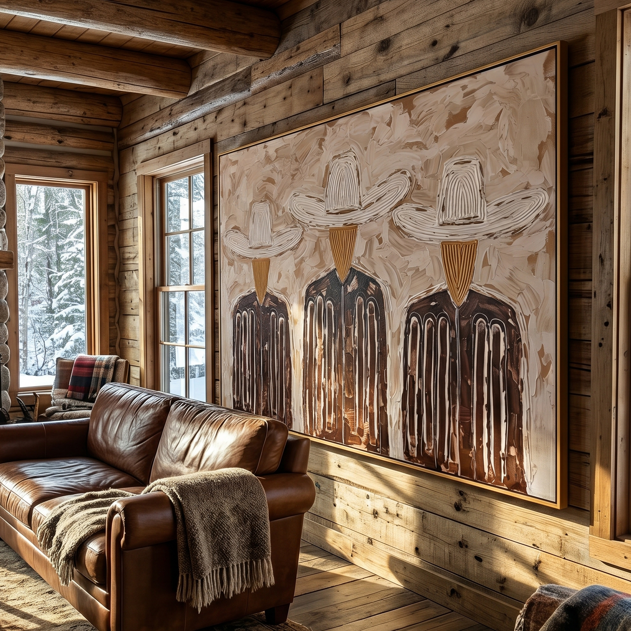 "Three Linear Ranch Cowboys" – Modern Heavy Impasto Minimal Western Figurative | 3D Warm Taupe & Coffee Brown Palette Knife Painting | Luxury Horizontal Wall Art #PE 525