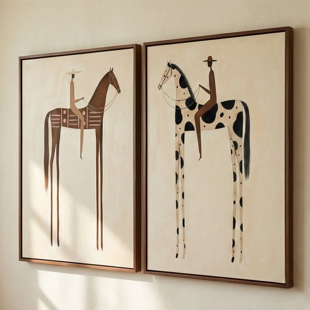 "Paired Reveries" - Modern Heavy Impasto Western Animal Artwork | Golden Palette Knife Painting | Luxury Two-Panel Vertical Wall Art #PT 2597