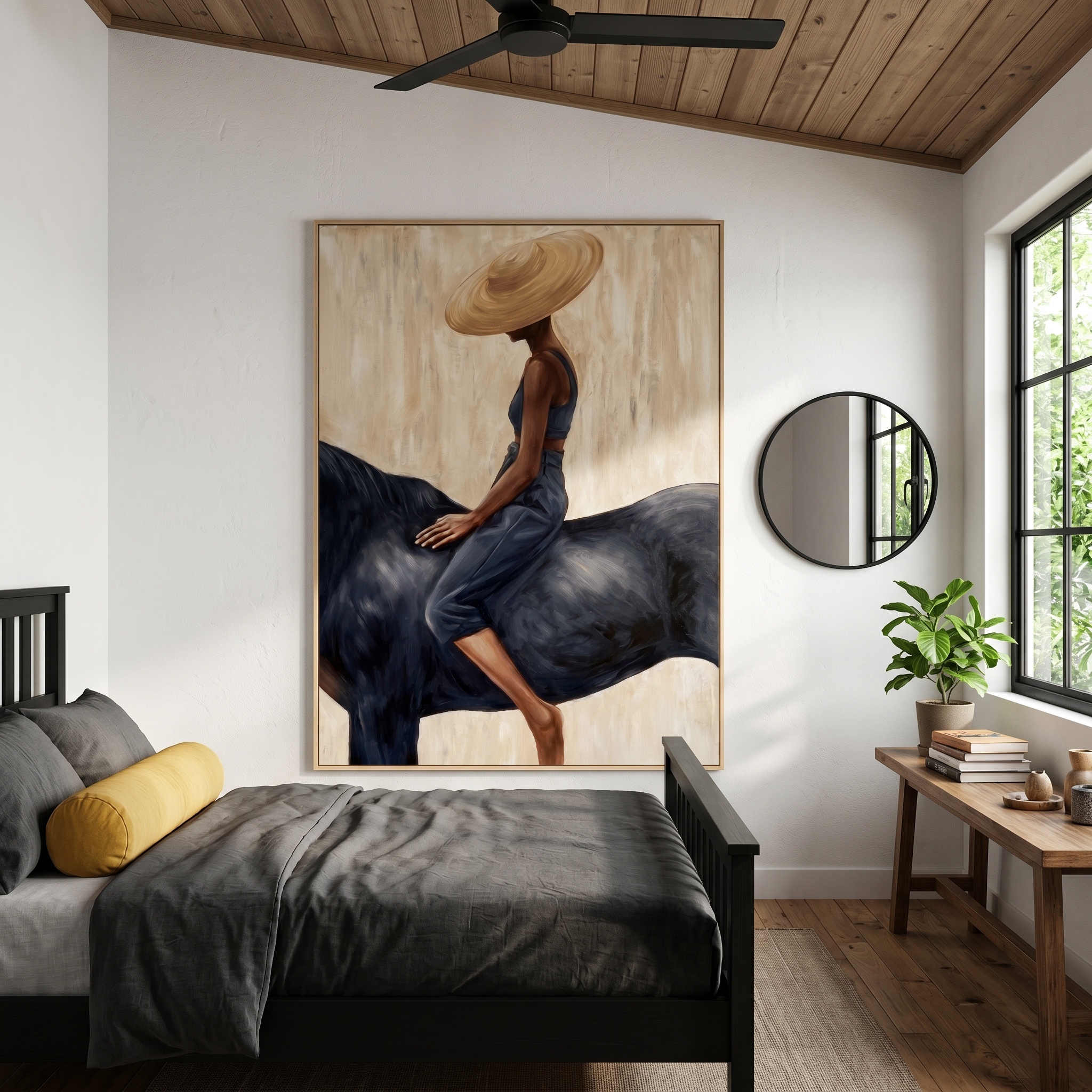 "Straw Hat & Midnight Horse" – Stylized Impasto Portrait | Neutral Tones Textured Wall Decor | Contemporary Vertical Statement Piece #PT 555