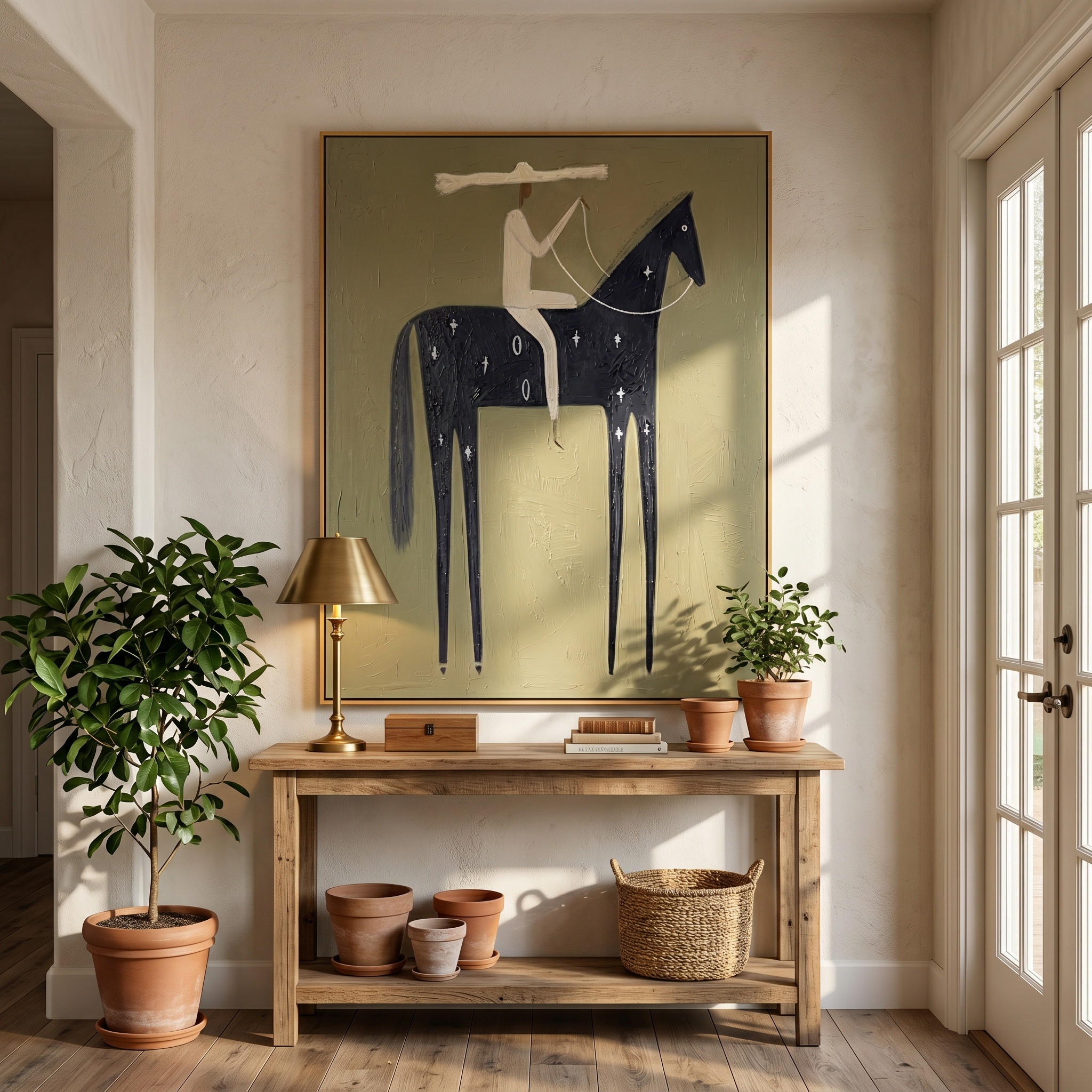"Starry Marked Desert Horseman" – Modern Heavy Impasto Primitive Western Figurative | 3D Muted Olive & Cream Ebony Palette Knife Painting | Luxury Vertical Wall Art #AB 516
