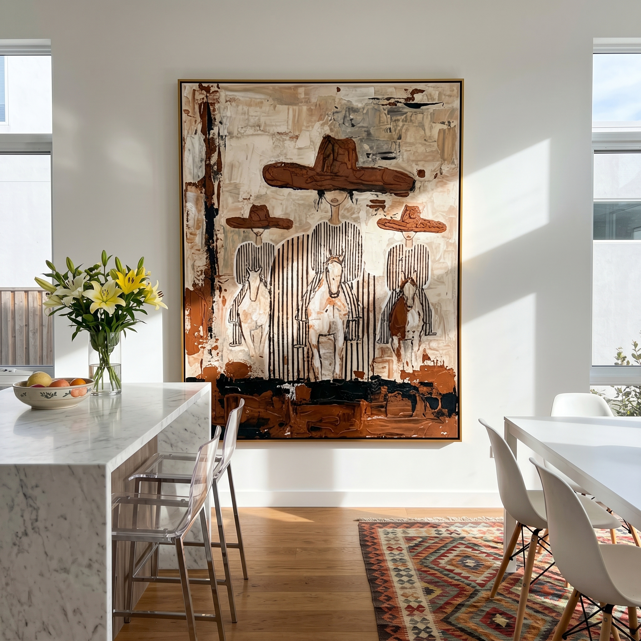 "Three Riders" – Modern Heavy Impasto Western Art | 3D Rust & Ivory Palette Knife Painting | Luxury Vertical Wall Art #PE 509