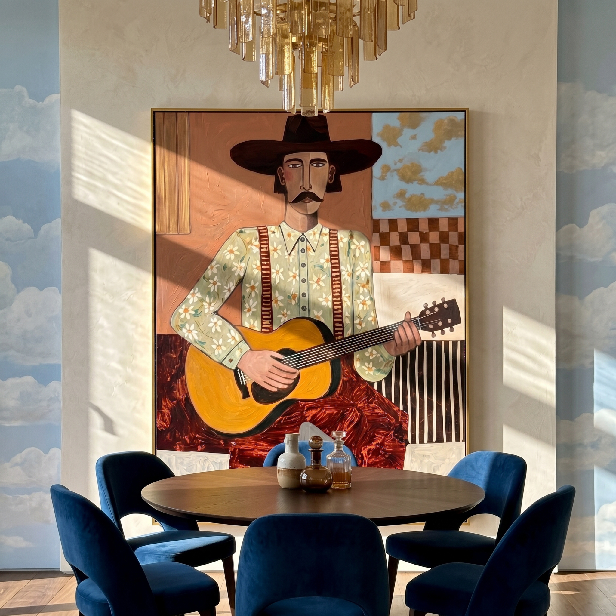 "The Western Guitarist" – Modern Folk Impasto Portrait | 3D Terracotta & Gold Palette Knife Painting | Luxury Vertical Wall Art #PE 506