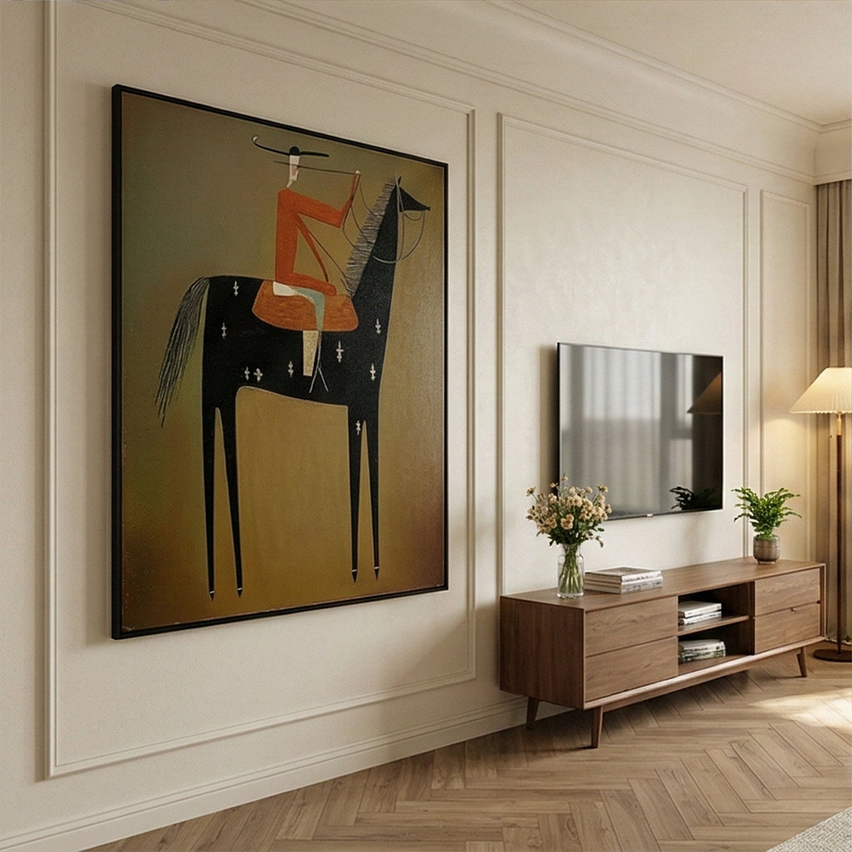 "Equestrian Reverie" - Modern Heavy Impasto Western Animal Artwork | Black & Golden Palette Knife Painting | Luxury Vertical Wall Art #PT 2657