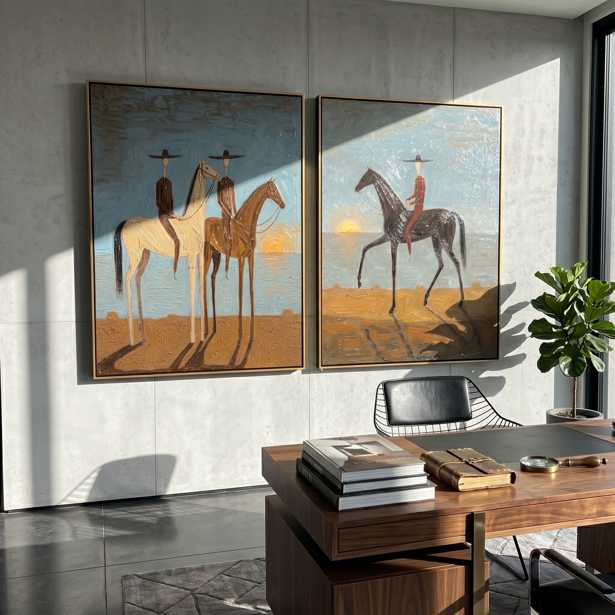 "Coastal Sunset Cowboy Duet Diptych" – Modern Heavy Impasto Surreal Western Figurative | 3D Dusk Blue & Earth Umber Palette Knife Painting | Luxury Two-Panel Vertical Wall Art Set #AB 522