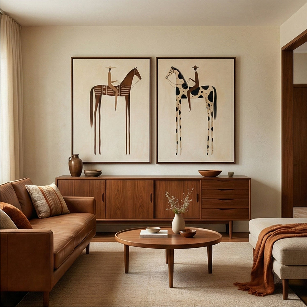 "Paired Reveries" - Modern Heavy Impasto Western Animal Artwork | Golden Palette Knife Painting | Luxury Two-Panel Vertical Wall Art #PT 2597