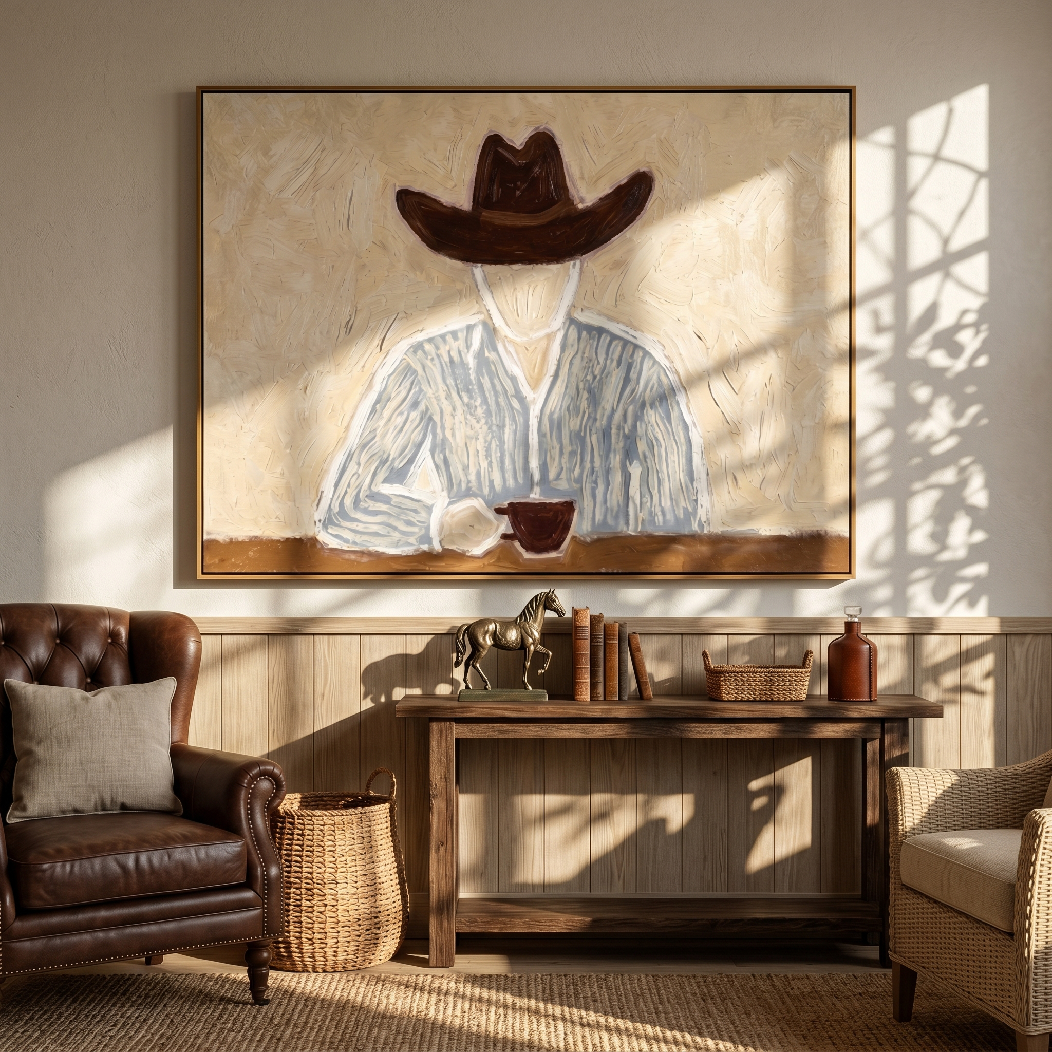 "Cowboy’s Quiet Coffee Break" – Modern Heavy Impasto Minimal Western Figurative | 3D Warm Cream & Slate Blue Palette Knife Painting | Luxury Horizontal Wall Art #PE 523
