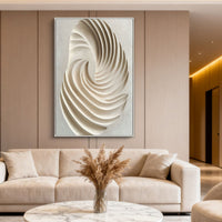 This 100% hand-crafted textured abstract artwork features a flowing spiral relief built in soft ivory and warm beige tones. The raised surface creates natural shadow and movement, making it a refined choice for living rooms, bedrooms, entryways, villas, hotels, and minimalist interiors.