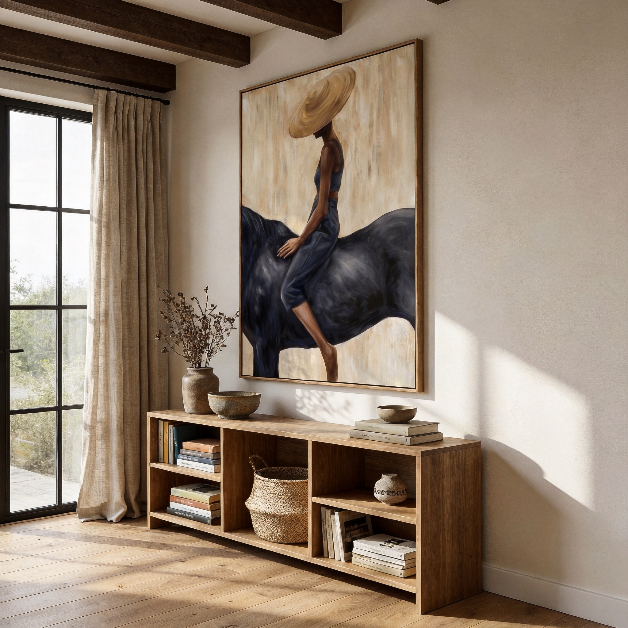 "Straw Hat & Midnight Horse" – Stylized Impasto Portrait | Neutral Tones Textured Wall Decor | Contemporary Vertical Statement Piece #PT 555