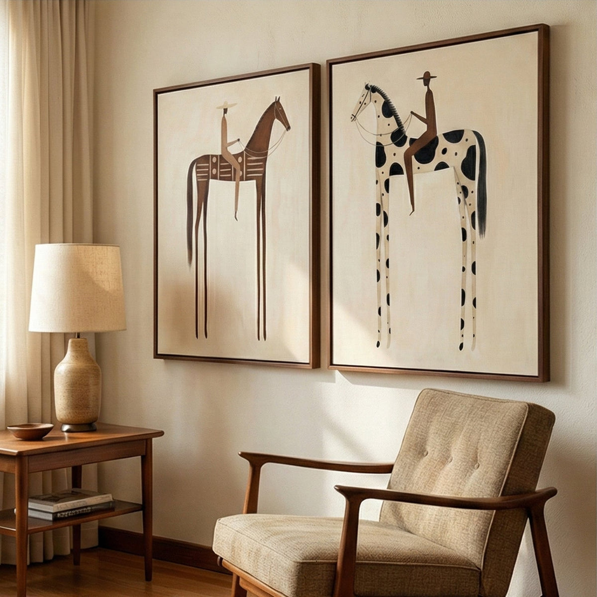 "Paired Reveries" - Modern Heavy Impasto Western Animal Artwork | Golden Palette Knife Painting | Luxury Two-Panel Vertical Wall Art #PT 2597