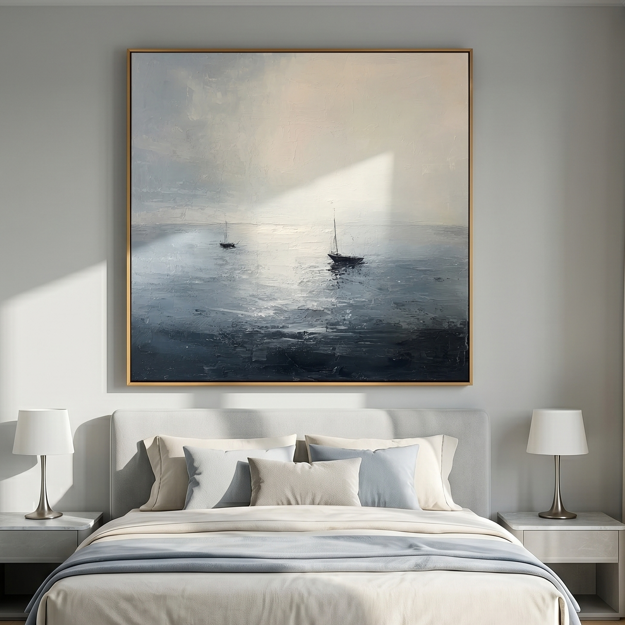 "The Silent Horizon" – Palette Knife Textured Seascape | Luxury Abstract Sailboat Painting for Modern Interiors #WS 234