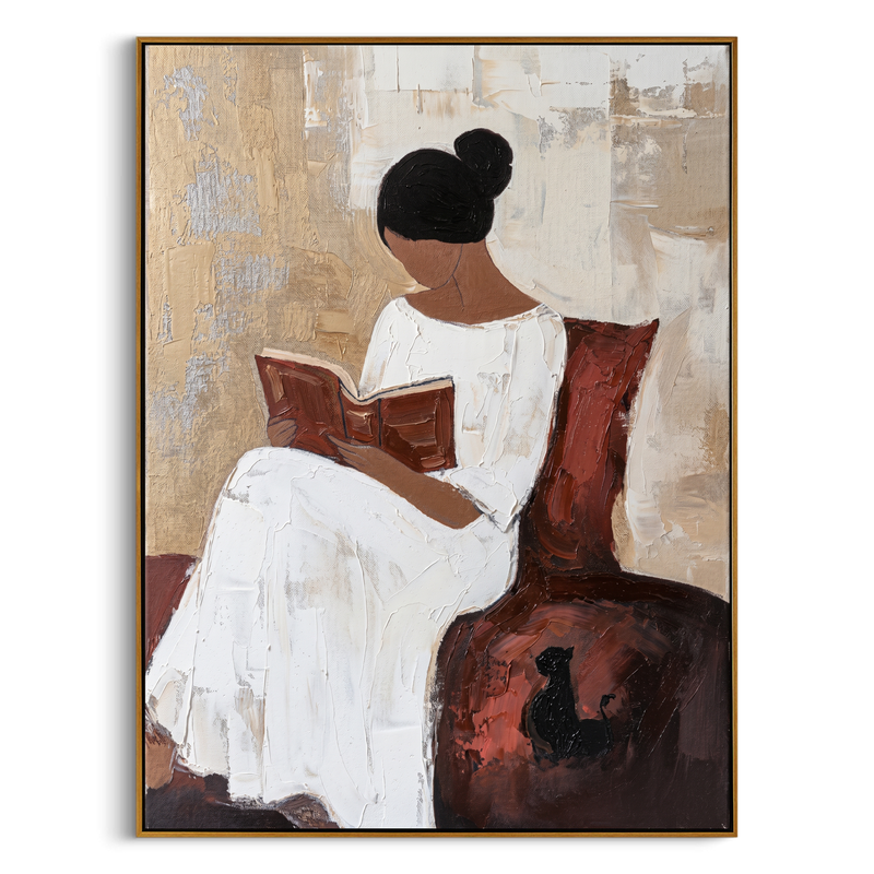 "Serene Reader's Moment" – Textured Abstract Portrait Art | Beige, White & Deep Red Woman with Book Painting | Contemporary Wall Decor #PE 500