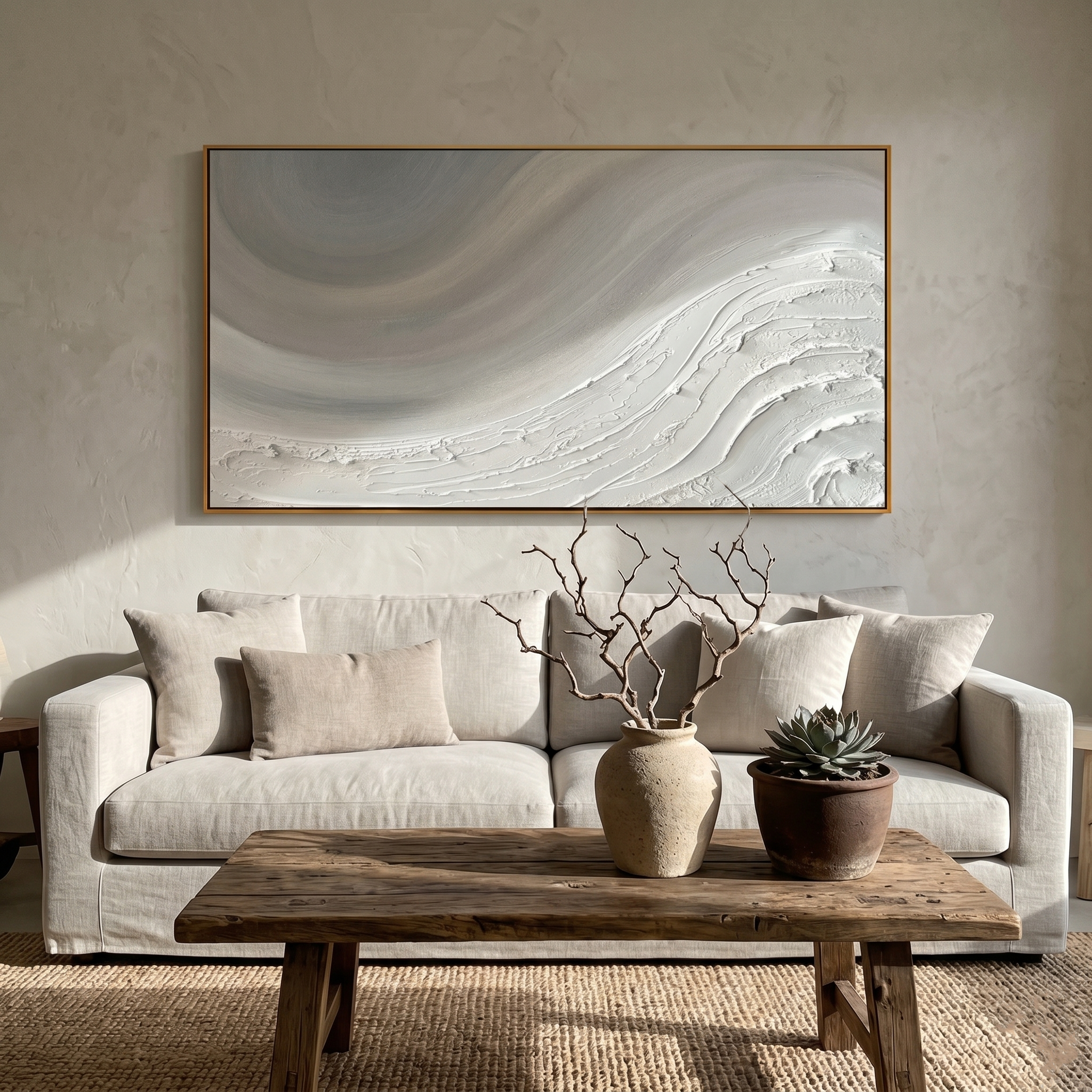"Ethereal Tides" – 3D Sculptural Heavy Impasto Relief | Minimalist Creamy Gray Wabi-Sabi Horizontal Art#WS 239