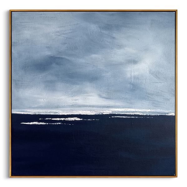 "Still Horizon" – Modern Heavy Impasto Seascape | Calm Blue & White Palette Knife Painting | Luxury Square Wall Art #PT 551