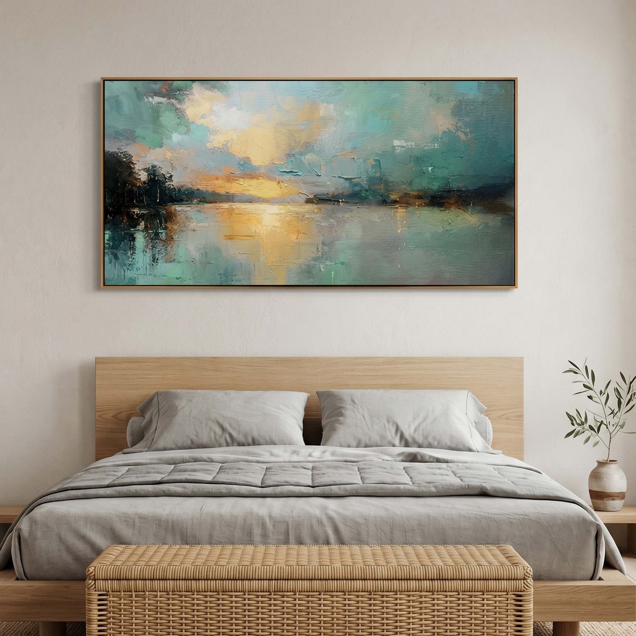 "Emerald Dawn" – Modern Impressionist Lake Seascape | Ethereal Teal & Gold Horizontal Gallery Wall Art#LC151