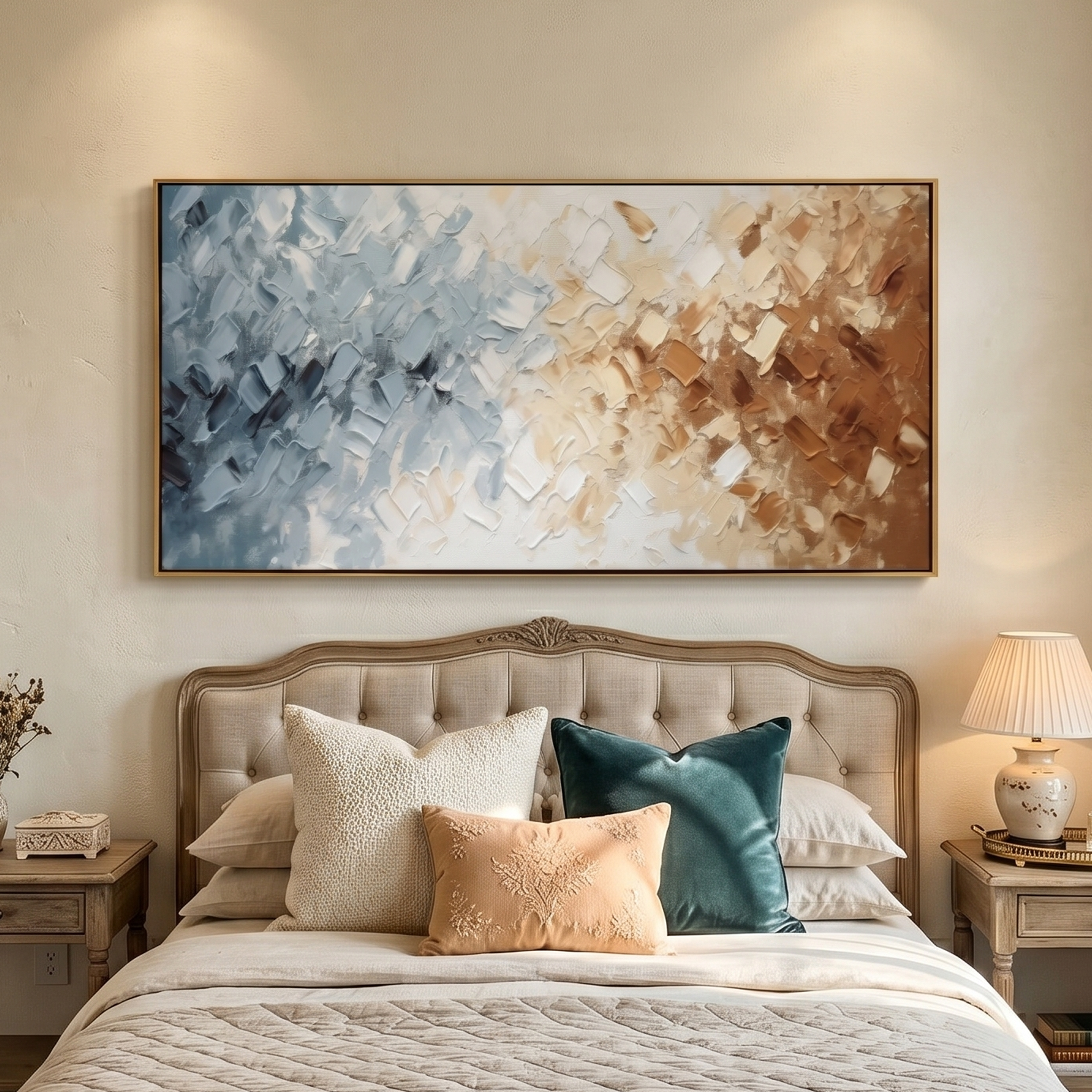 "The Convergence of Eras" – Modern Heavy Impasto Abstract | 3D Blue & Caramel Palette Knife Painting | Luxury Horizontal Wall Art #PT 542
