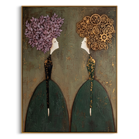 "Floral & Gear Dialogue" – Textured Abstract Portrait Art | Deep Green & Purple Steampunk Women Painting | Contemporary Vertical Wall Decor #PE 499