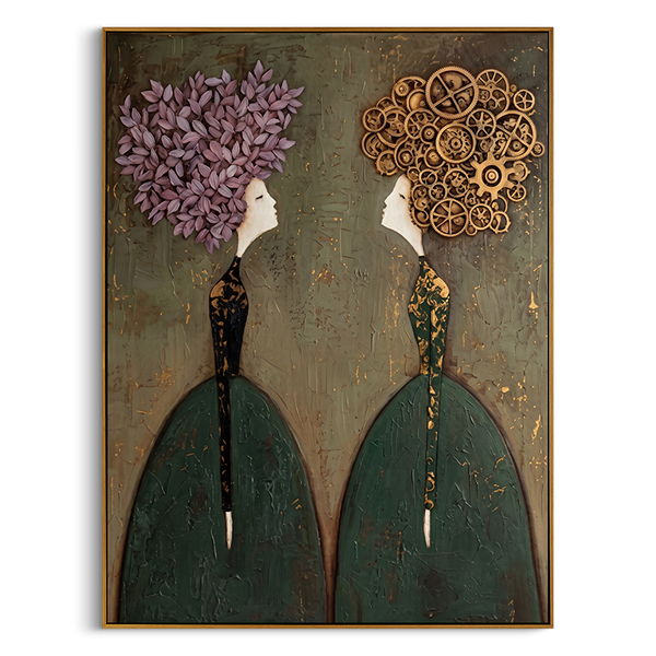 "Floral & Gear Dialogue" – Textured Abstract Portrait Art | Deep Green & Purple Steampunk Women Painting | Contemporary Vertical Wall Decor #PE 499