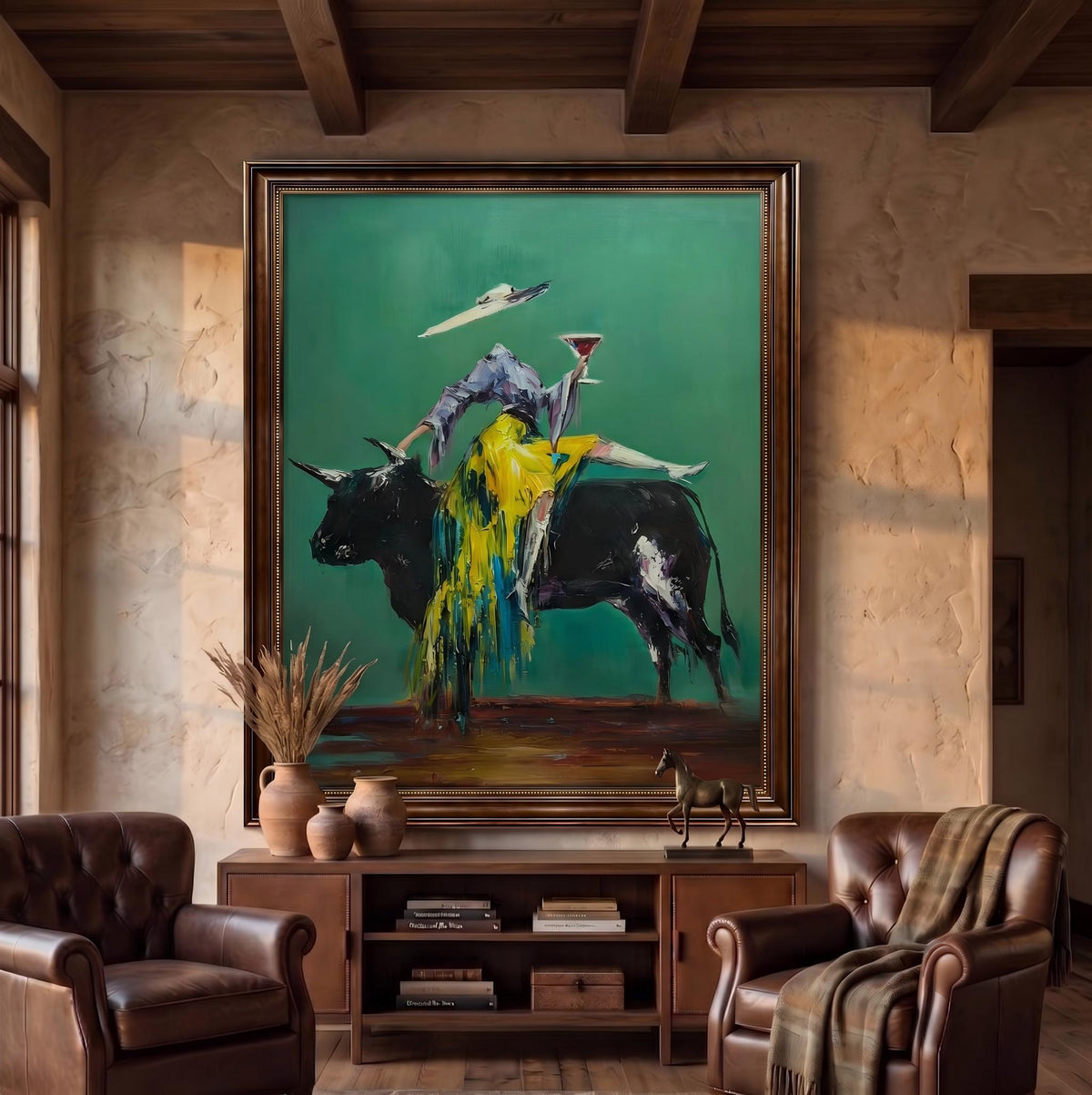 "Velvet Toast of the Emerald Bull" - Modern Heavy Impasto Western Animal Artwork | Green Palette Knife Painting | Luxury Vertical Wall Art #PT 2661