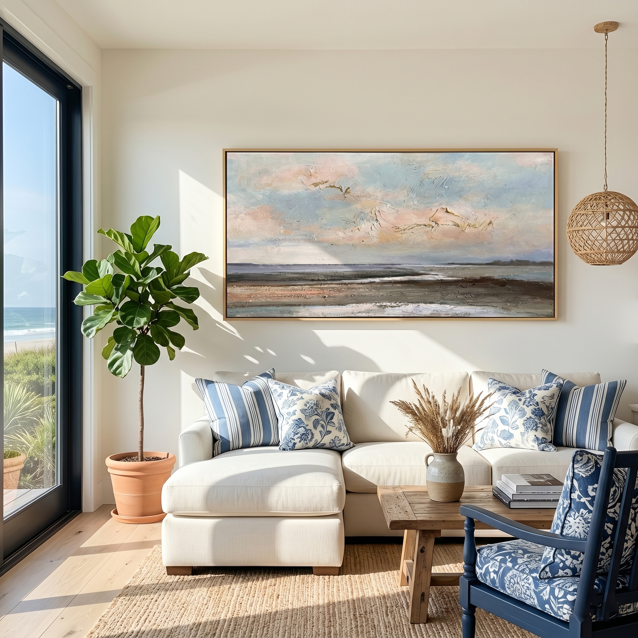 "The Coastal Prelude" – Modern Impressionist Vast Seascape | Ethereal Blue & Earth Tone Horizontal Gallery Art #LC152