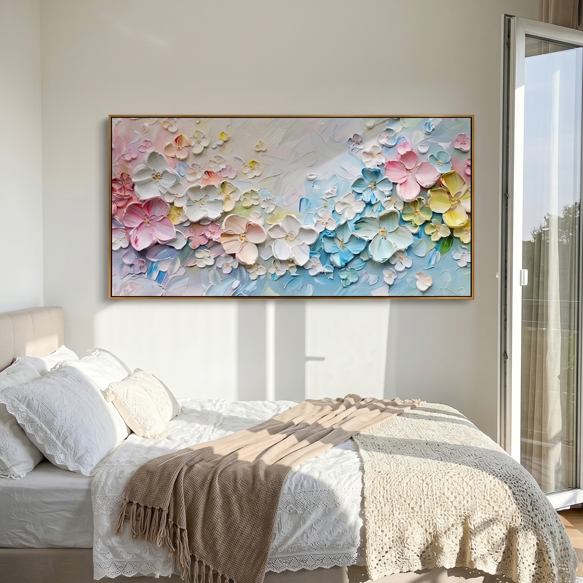 "Floral Sanctuary" – 3D Sculptural Heavy Impasto Blossom | Modern Creamy Style Healing Long Horizontal Wall Art #PT 546