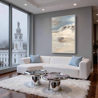 "Azure Ocean Reverie" is a 100% hand-painted seascape created with professional oil and acrylic paints on high-quality canvas. Its blue & grey palette and visible textured strokes give every piece authentic handmade variation and tactile depth.
