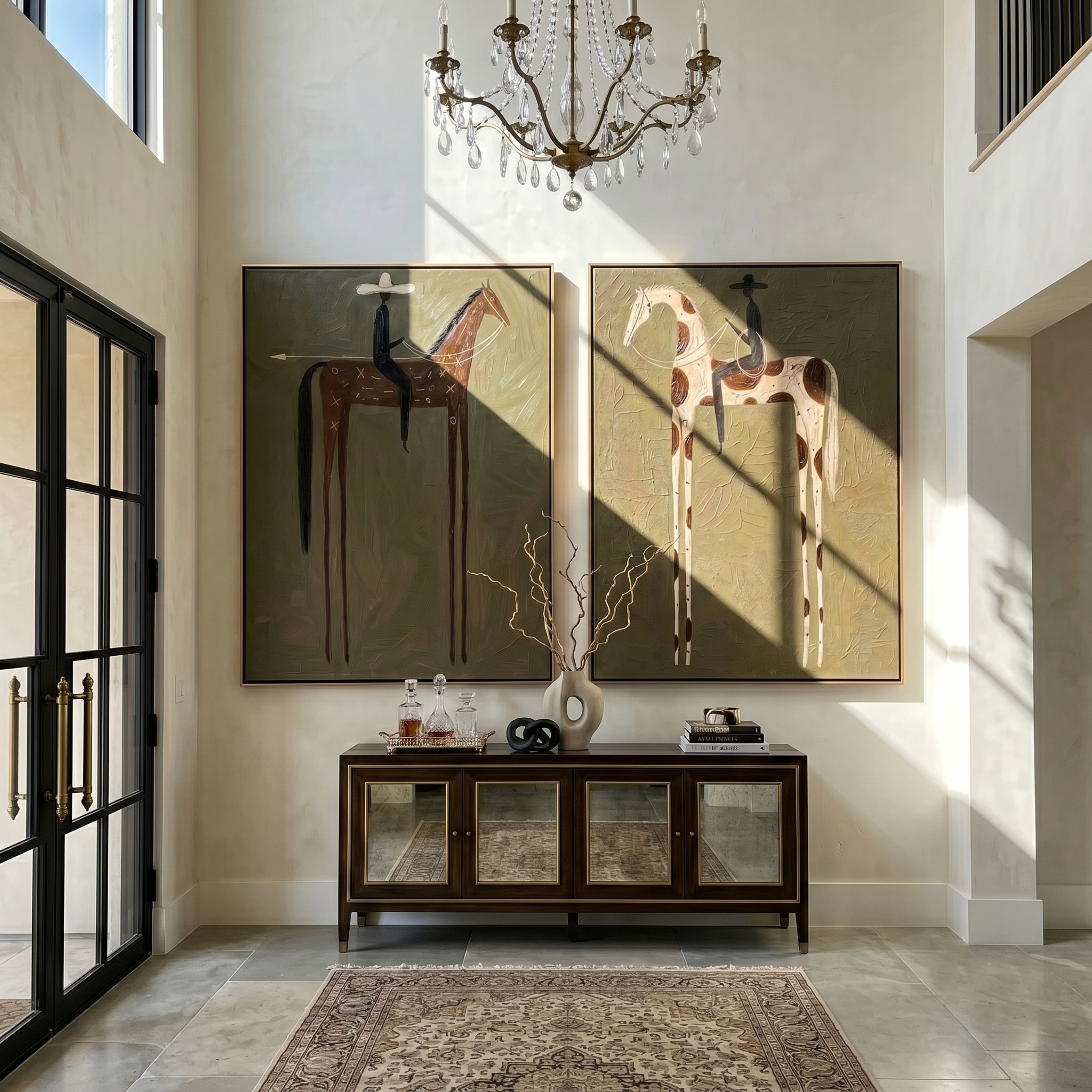 "Dual Long-Legged Cowboy Wanderers Diptych" – Modern Heavy Impasto Primitive Western Figurative | 3D Muted Olive & Rust Umber Palette Knife Painting | Luxury Two-Panel Vertical Wall Art Set #AB 521