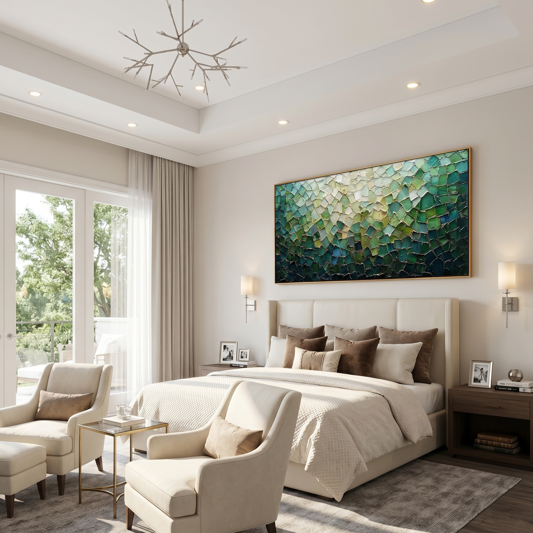 "Emerald Wilderness & Flowing Gold" – Hand-Painted Palette Knife Impasto Oil Painting | 3D Mosaic Geometric Greenery Modern Light Luxury Living Room Wall Art#PT 379