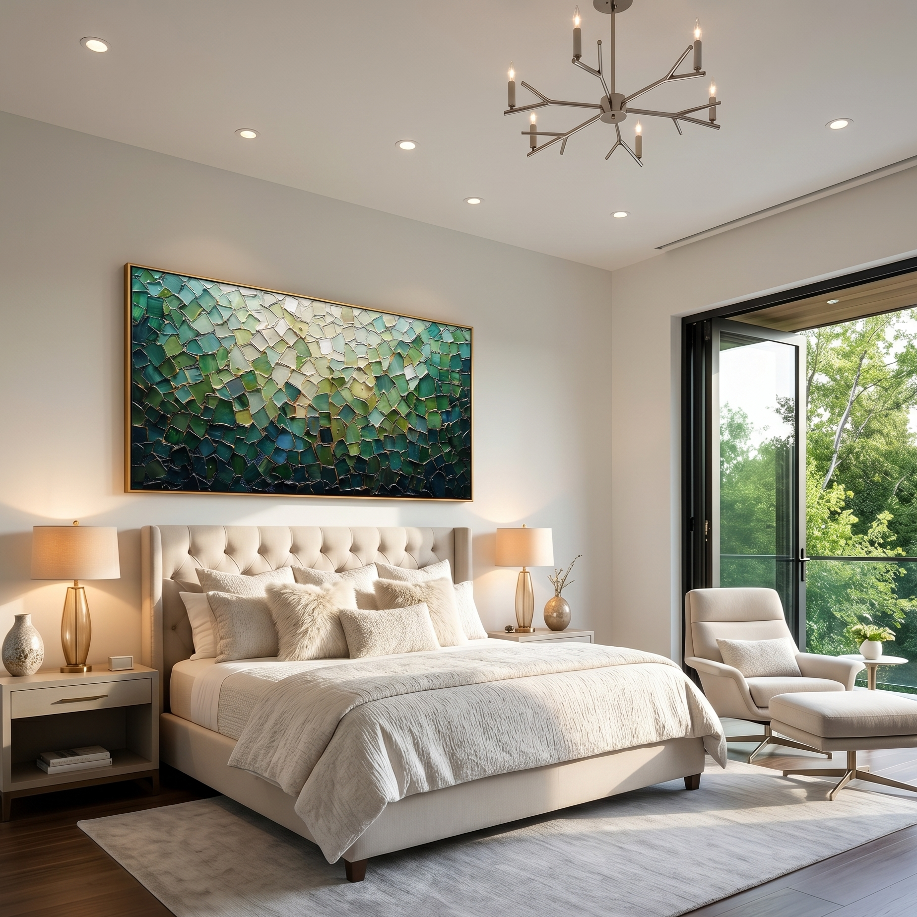 "Emerald Wilderness & Flowing Gold" – Hand-Painted Palette Knife Impasto Oil Painting | 3D Mosaic Geometric Greenery Modern Light Luxury Living Room Wall Art#PT 379