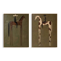 "Dual Long-Legged Cowboy Wanderers Diptych" – Modern Heavy Impasto Primitive Western Figurative | 3D Muted Olive & Rust Umber Palette Knife Painting | Luxury Two-Panel Vertical Wall Art Set #AB 521