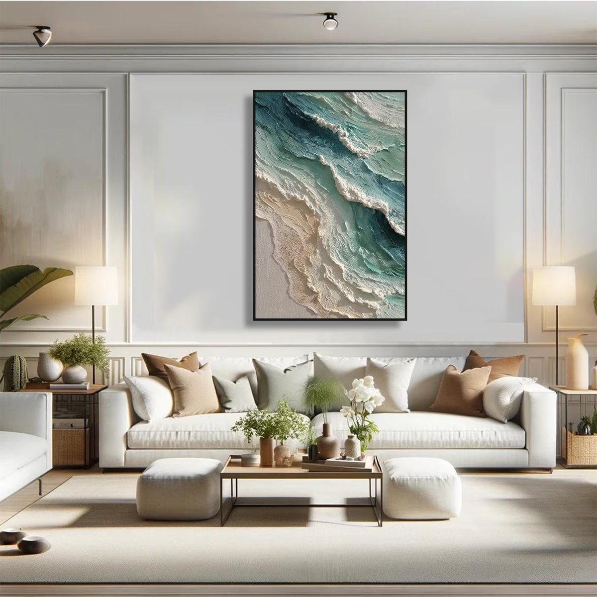 "Blue Green Coastal Wall" - Modern Heavy Impasto Coastal Landscape | Beige Palette Knife Painting | Luxury Vertical Wall Art #PT 2632