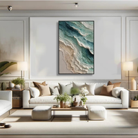 "Blue Green Coastal Wall" - Modern Heavy Impasto Coastal Landscape | Beige Palette Knife Painting | Luxury Vertical Wall Art #PT 2632